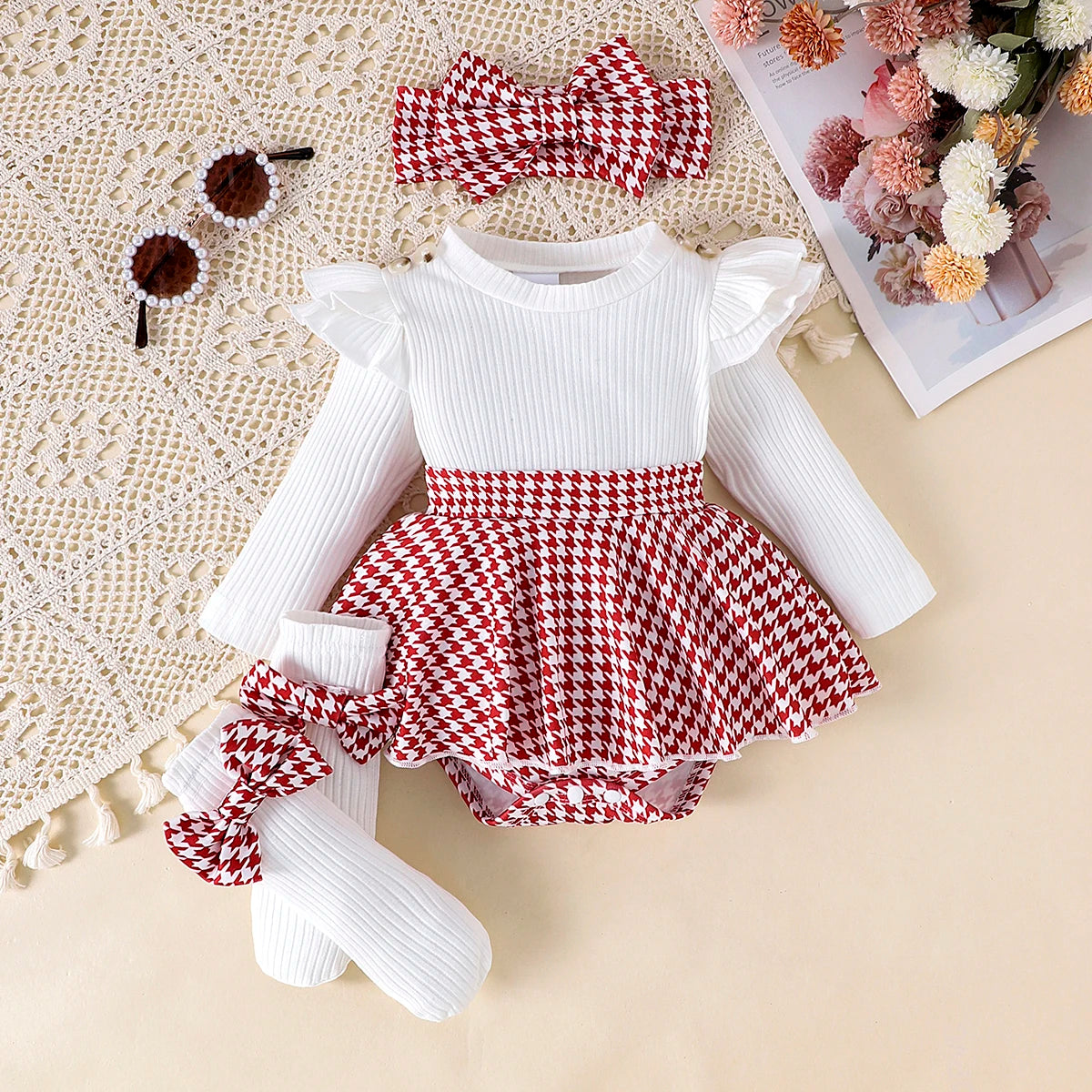 Autumn Set for Girls 0-1 Years Old – Black Top + Houndstooth Skirt