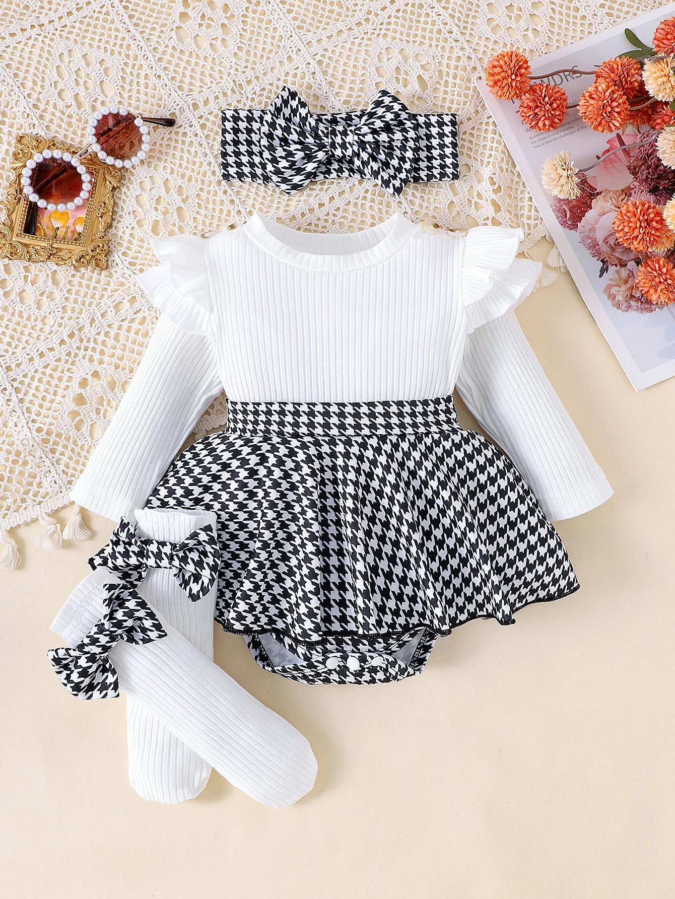 Autumn Set for Girls 0-1 Years Old – Black Top + Houndstooth Skirt