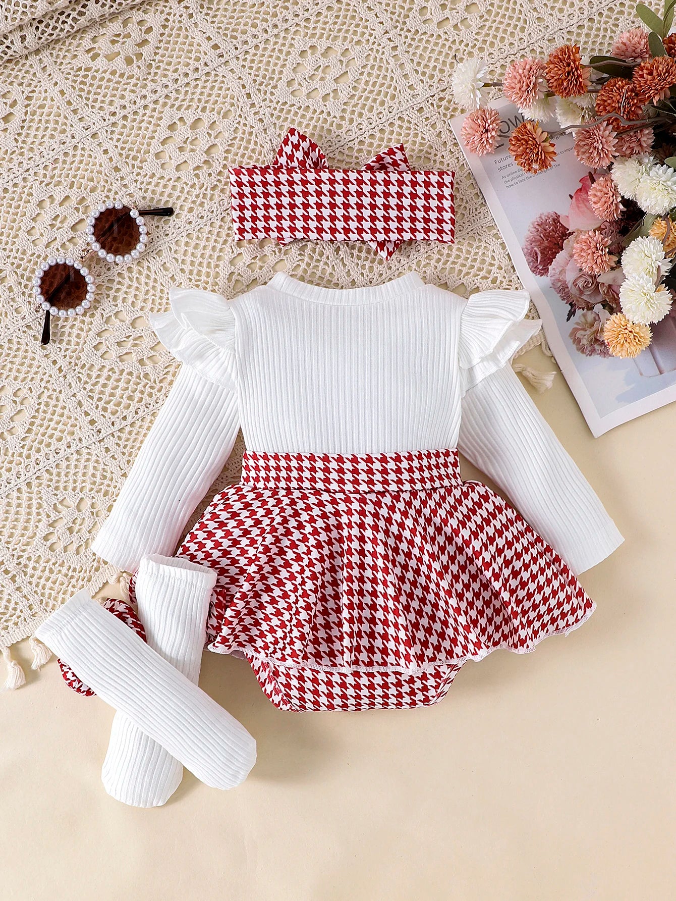 Autumn Set for Girls 0-1 Years Old – Black Top + Houndstooth Skirt