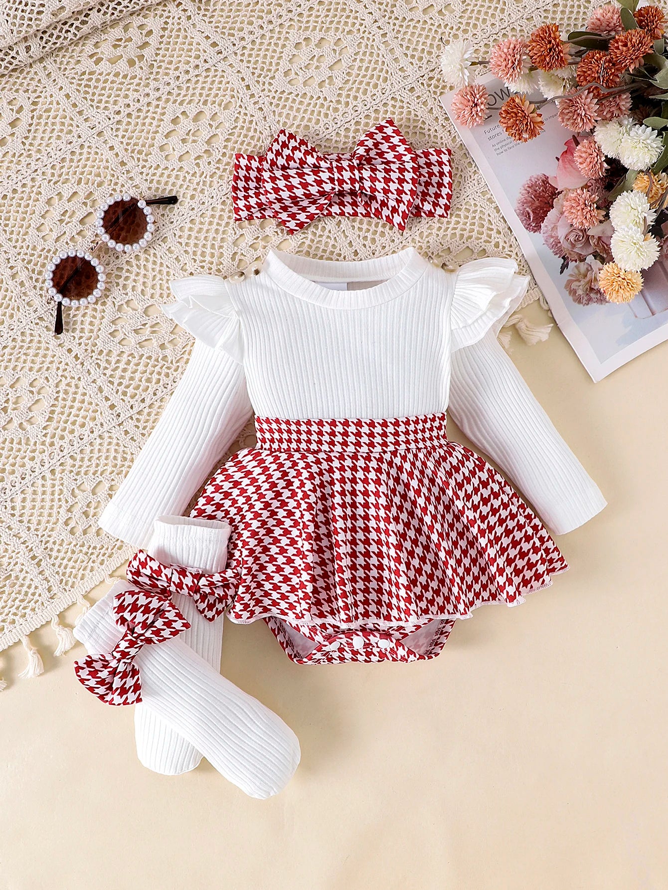 Autumn Set for Girls 0-1 Years Old – Black Top + Houndstooth Skirt