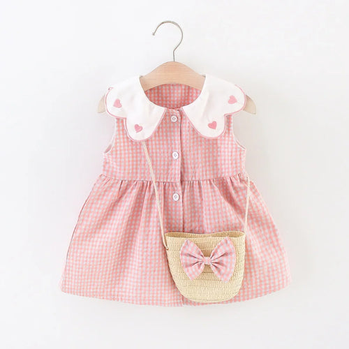 Girls Summer Set – Plaid Top + Skirt with Bag