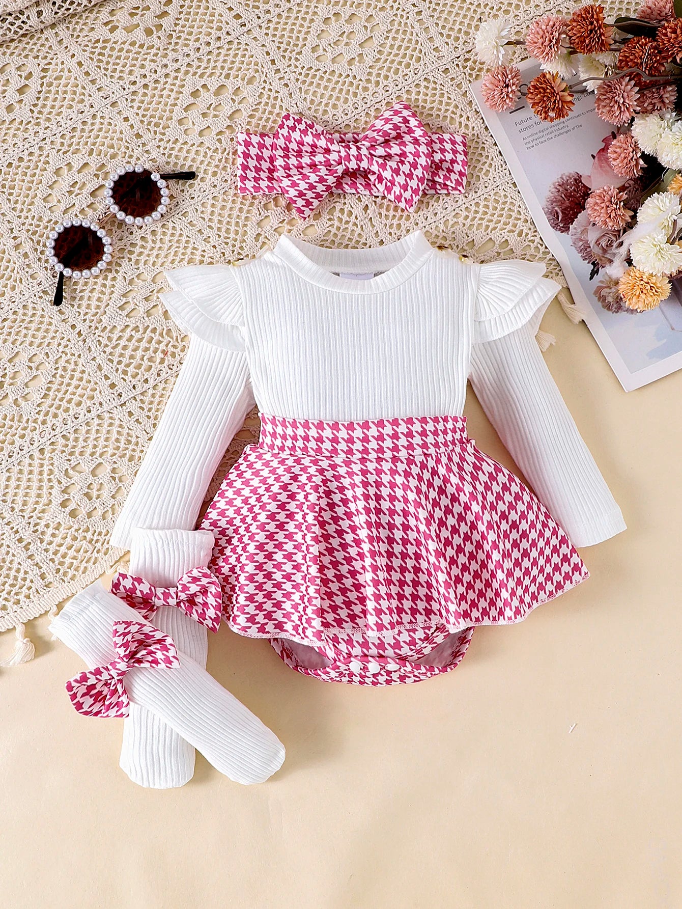 Autumn Set for Girls 0-1 Years Old – Black Top + Houndstooth Skirt