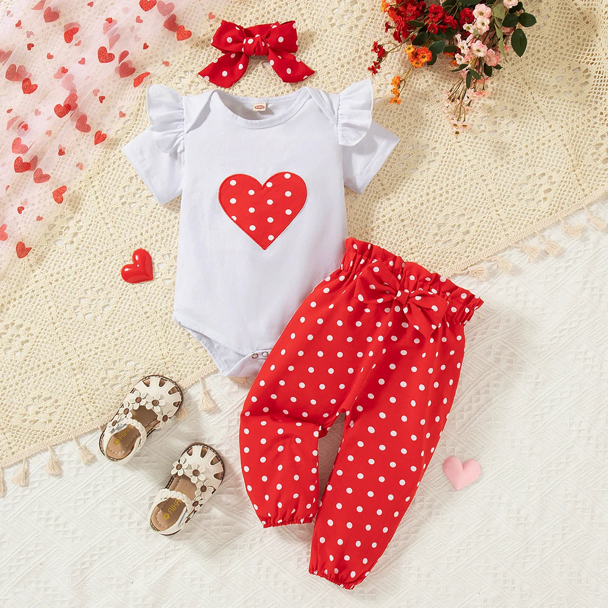 3-Piece Baby Girl Set – Romper + Pants + Headband