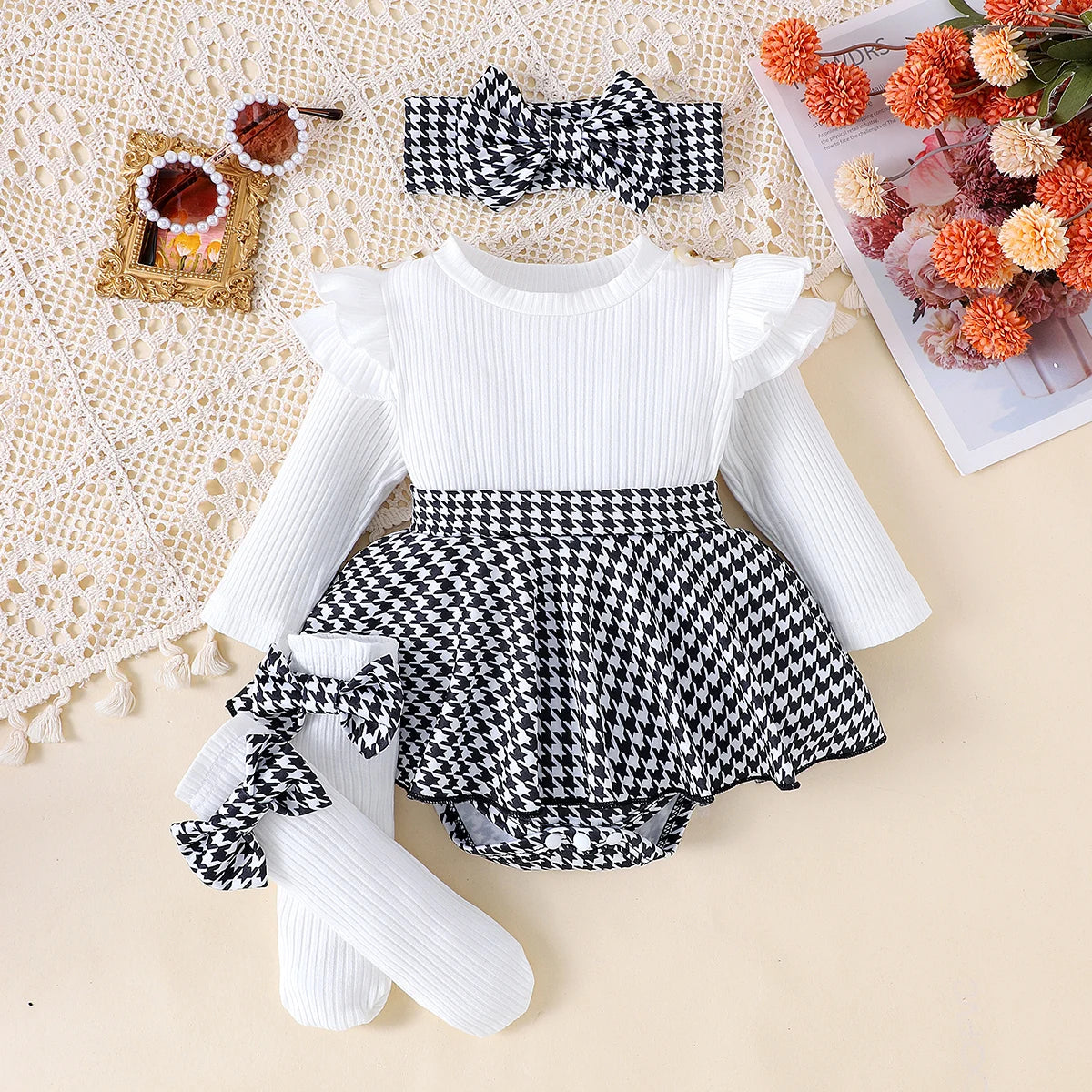 Autumn Set for Girls 0-1 Years Old – Black Top + Houndstooth Skirt