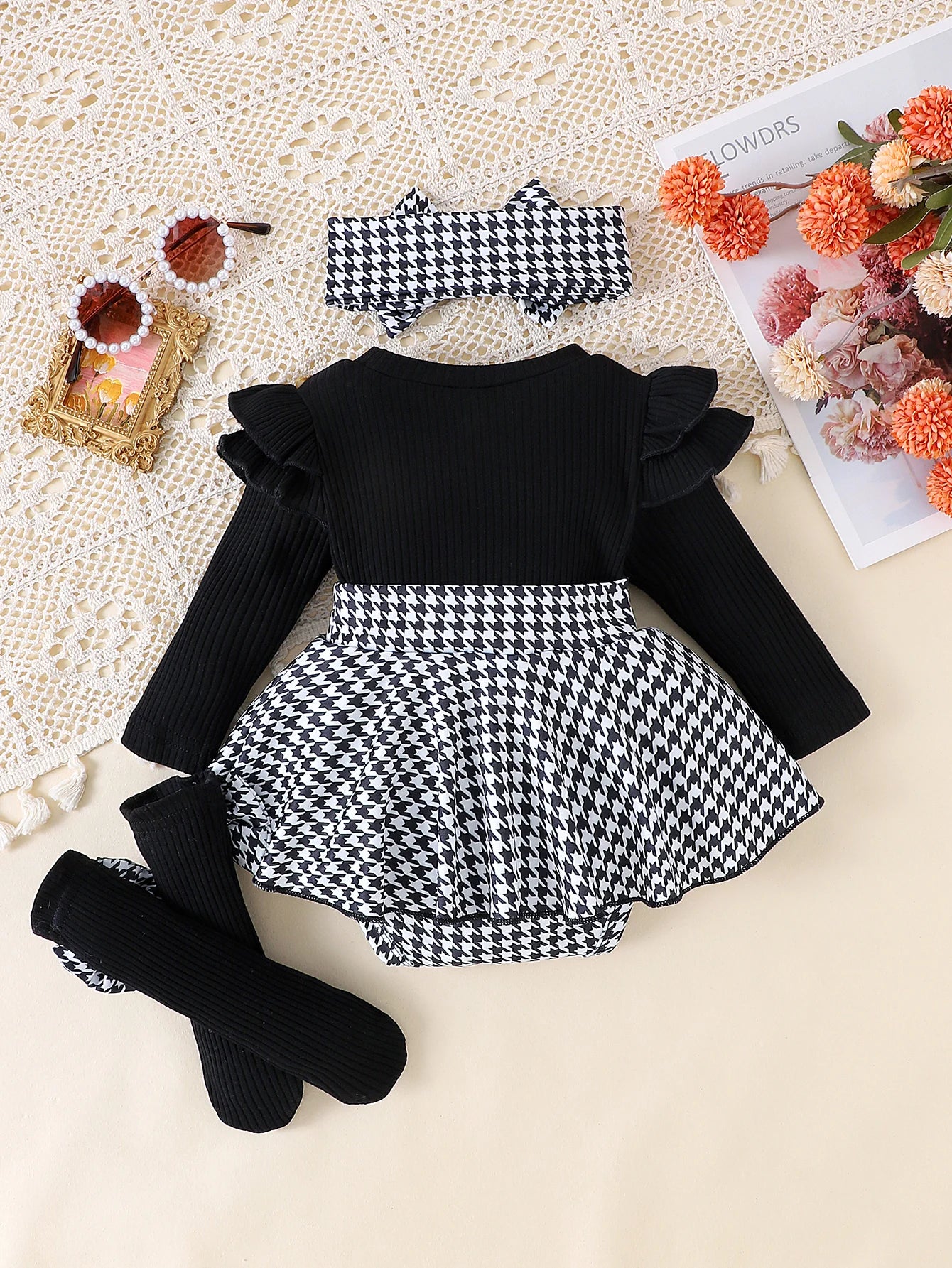 Autumn Set for Girls 0-1 Years Old – Black Top + Houndstooth Skirt