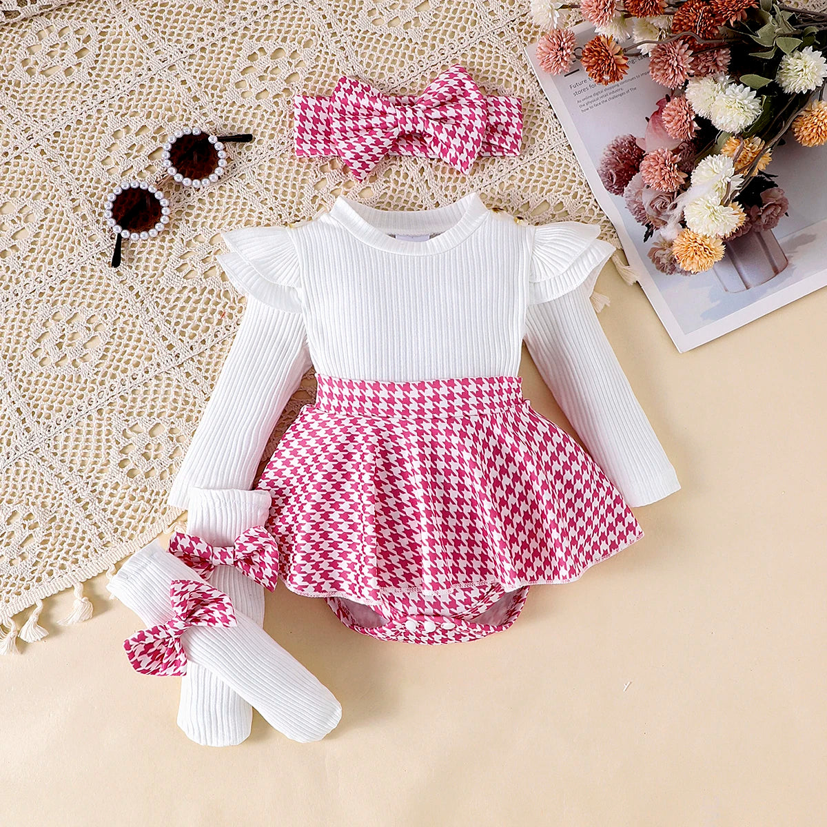 Autumn Set for Girls 0-1 Years Old – Black Top + Houndstooth Skirt