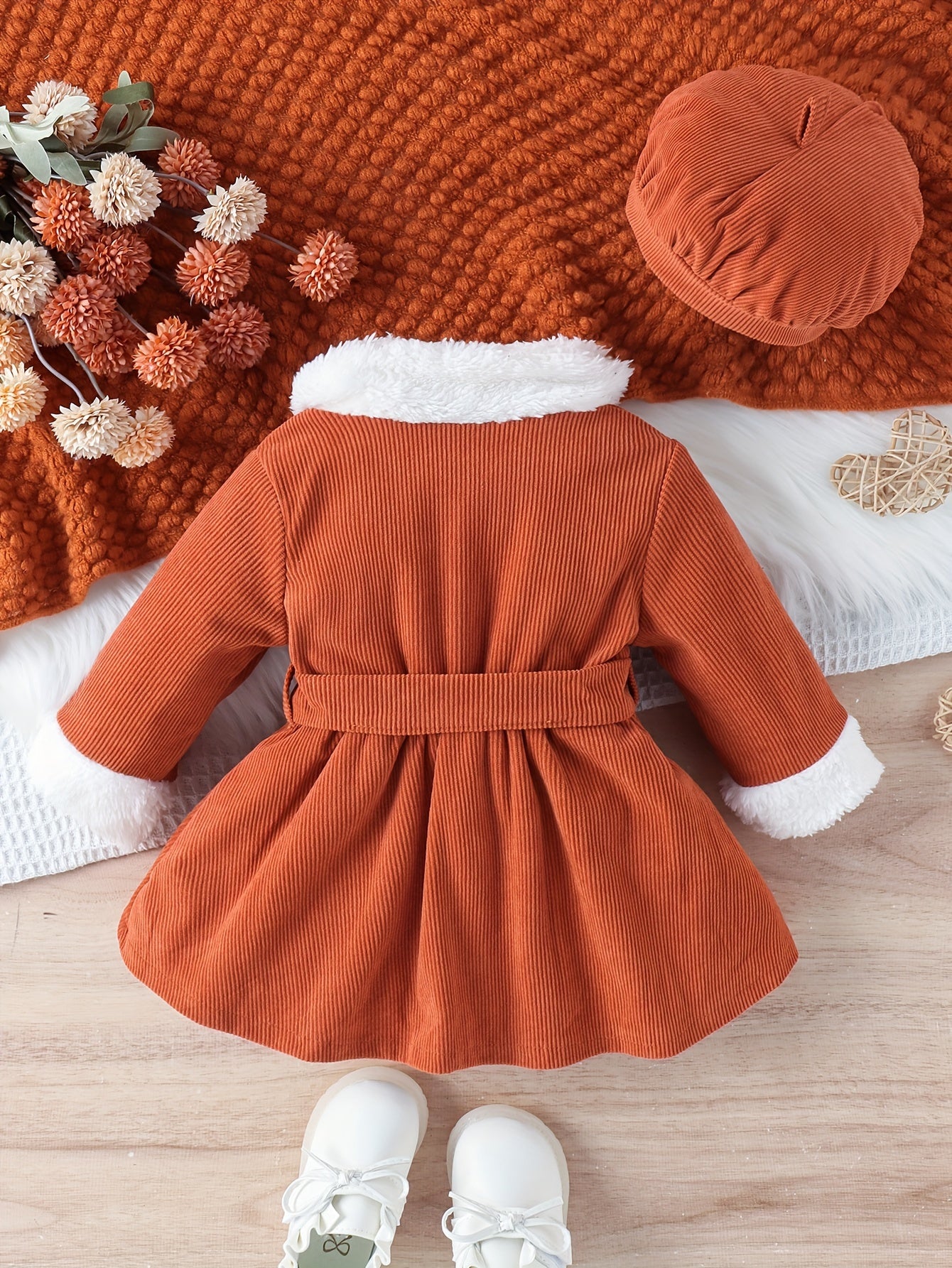 Buy this baby winter dress and hat set in mustard yellow and receive a pair of shoes and a hat as a gift.