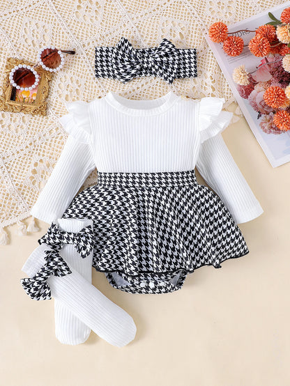 Autumn Set for Girls 0-1 Years Old – Black Top + Houndstooth Skirt