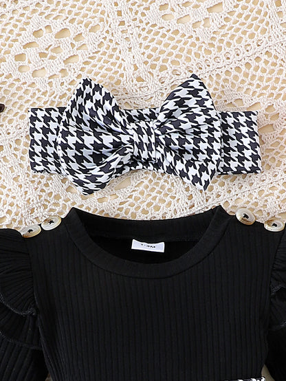 Autumn Set for Girls 0-1 Years Old – Black Top + Houndstooth Skirt