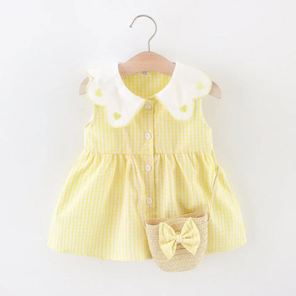 Girls Summer Set – Plaid Top + Skirt with Bag