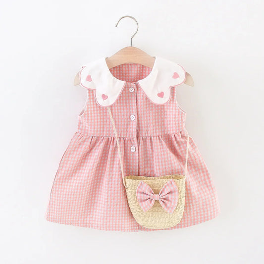 Girls Summer Set – Plaid Top + Skirt with Bag