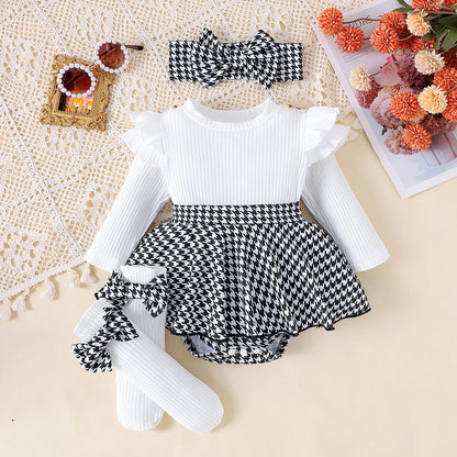Autumn Set for Girls 0-1 Years Old – Black Top + Houndstooth Skirt