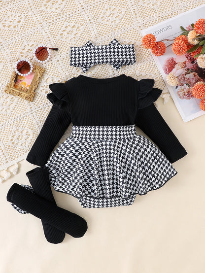 Autumn Set for Girls 0-1 Years Old – Black Top + Houndstooth Skirt