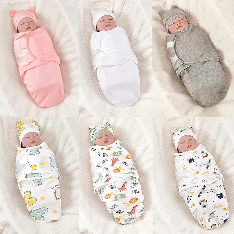 Adorable Cotton Baby Swaddle & Hat Set - All Seasons