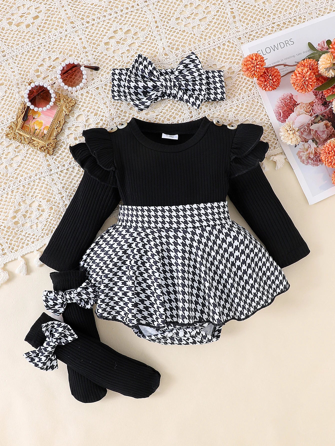 Autumn Set for Girls 0-1 Years Old – Black Top + Houndstooth Skirt
