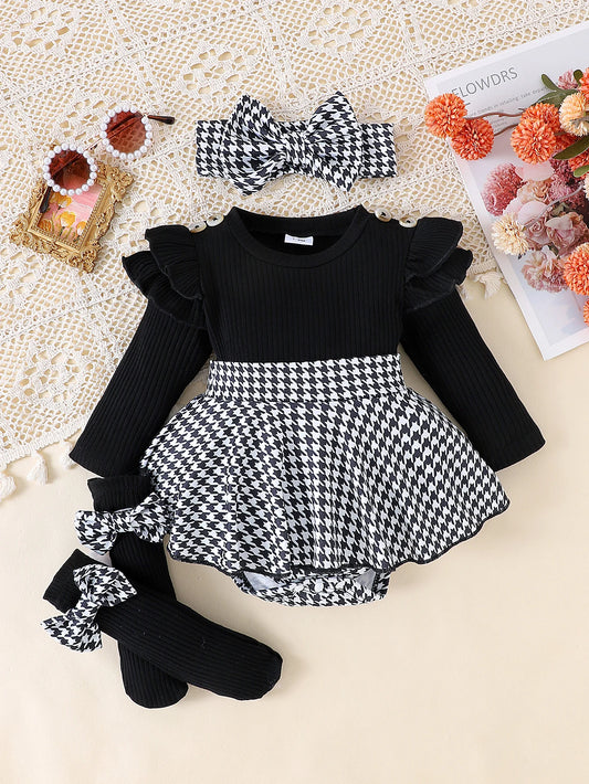 Autumn Set for Girls 0-1 Years Old – Black Top + Houndstooth Skirt