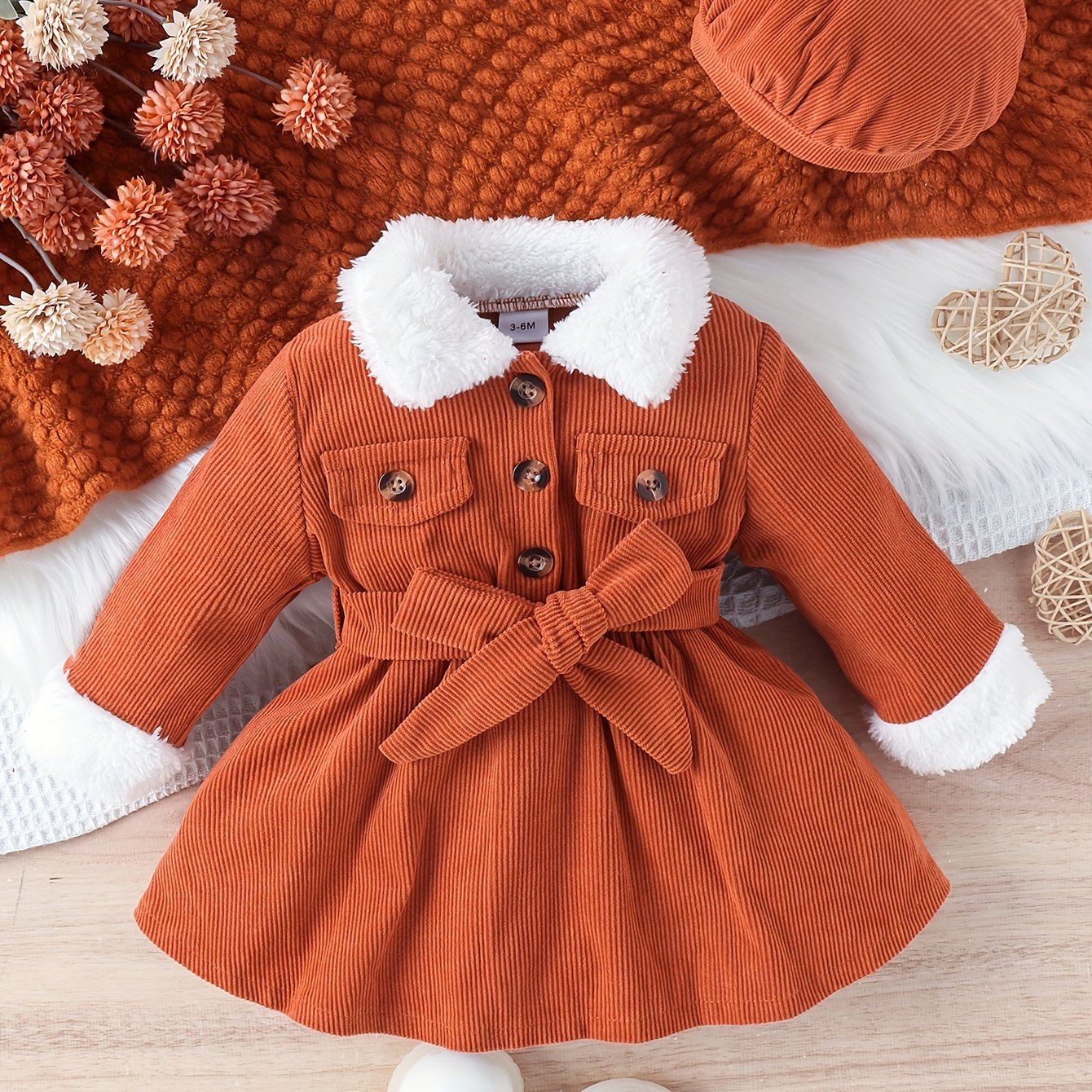 Buy this baby winter dress and hat set in mustard yellow and receive a pair of shoes and a hat as a gift.