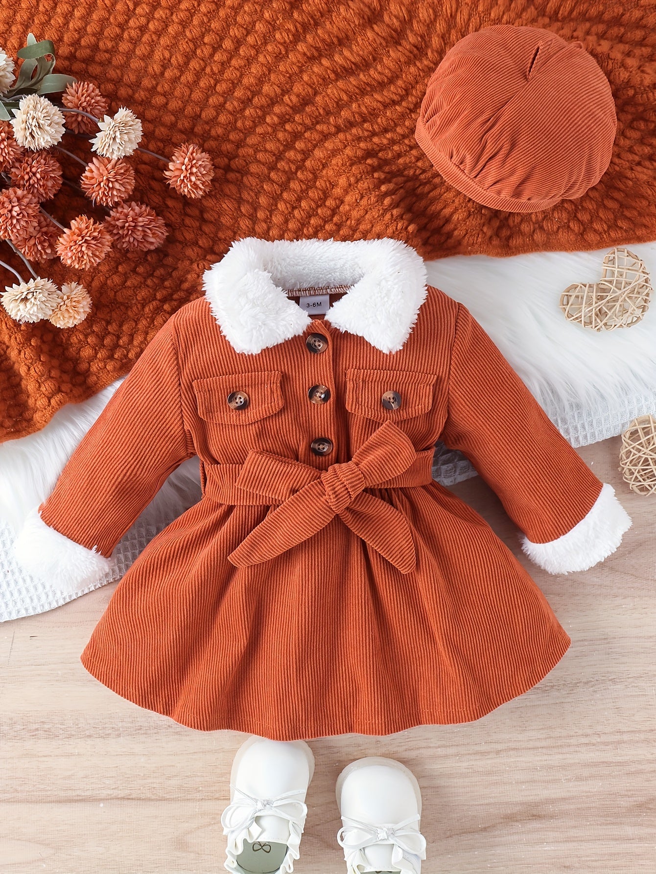 Buy this baby winter dress and hat set in mustard yellow and receive a pair of shoes and a hat as a gift.