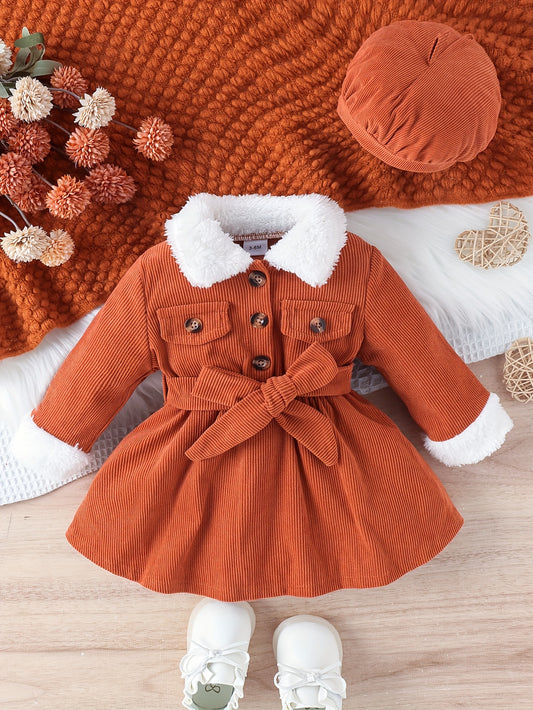 Buy this baby winter dress and hat set in mustard yellow and receive a pair of shoes and a hat as a gift.